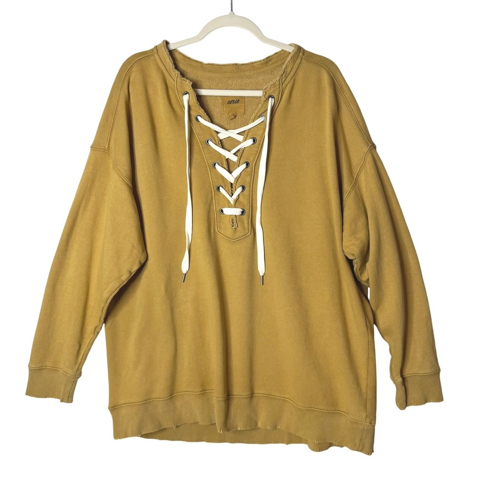 Aerie Sweatshirt Women L Mustard Gold Lace Up Distressed Oversized‎ Boho Terry